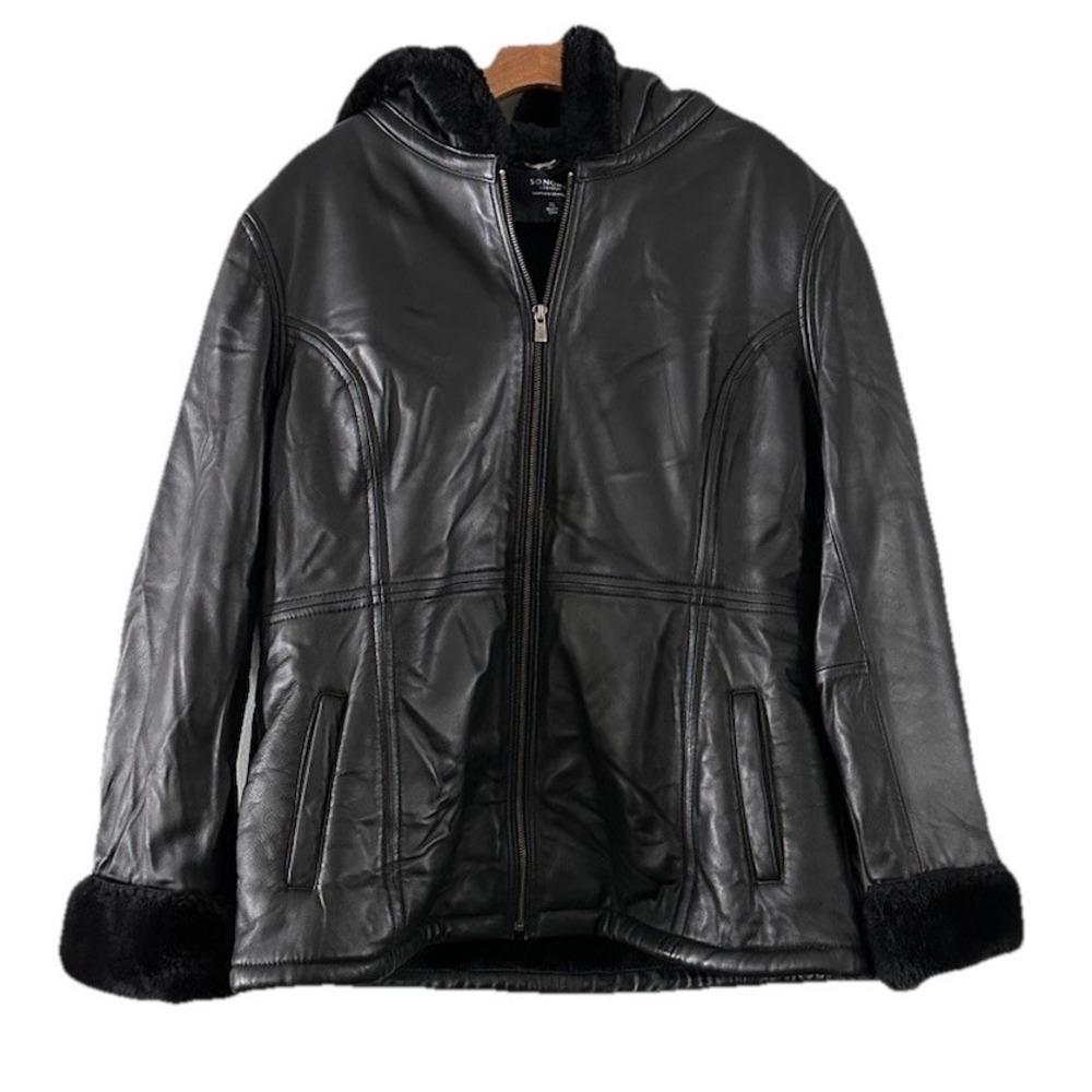 Sonoma Women's‎ Lambskin Black Leather Jacket XL Hooded Faux Fur Lined Full Zip